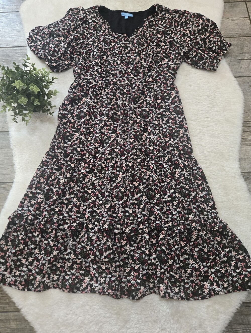 Draper James RSVP Black Ditsy Floral Smocked Tiered Cottagecore Garden Dress, L